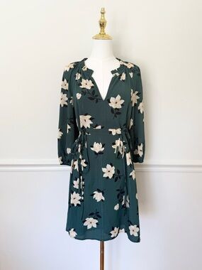 Draper James Dark Teal Floral Tie-Waist Long Sleeve Dress